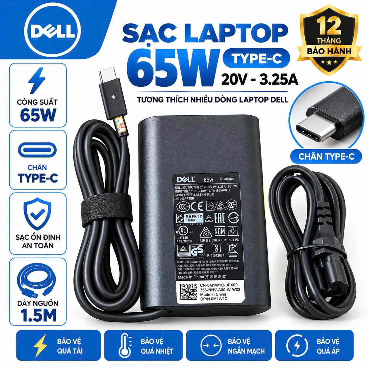 Sạc nguồn laptop 65W TypeC Ovan 20V-3.25A có hộp