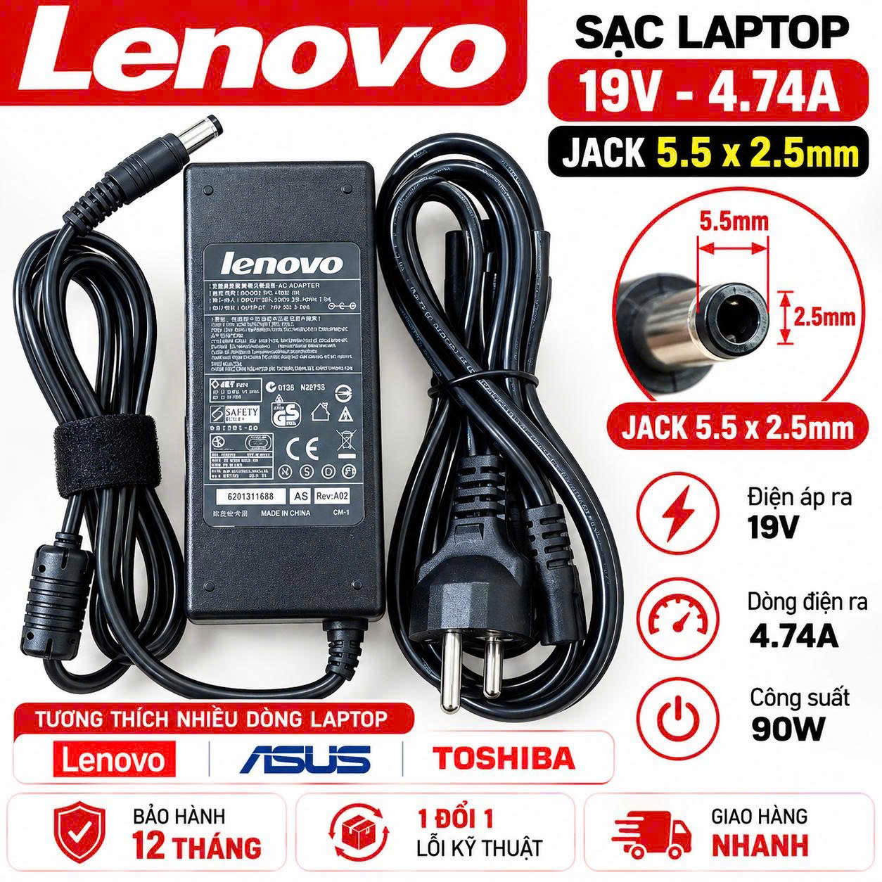 Sạc laptop Lenovo, Asus, Tosoba 19v-4.74A 5.5*2.5cm