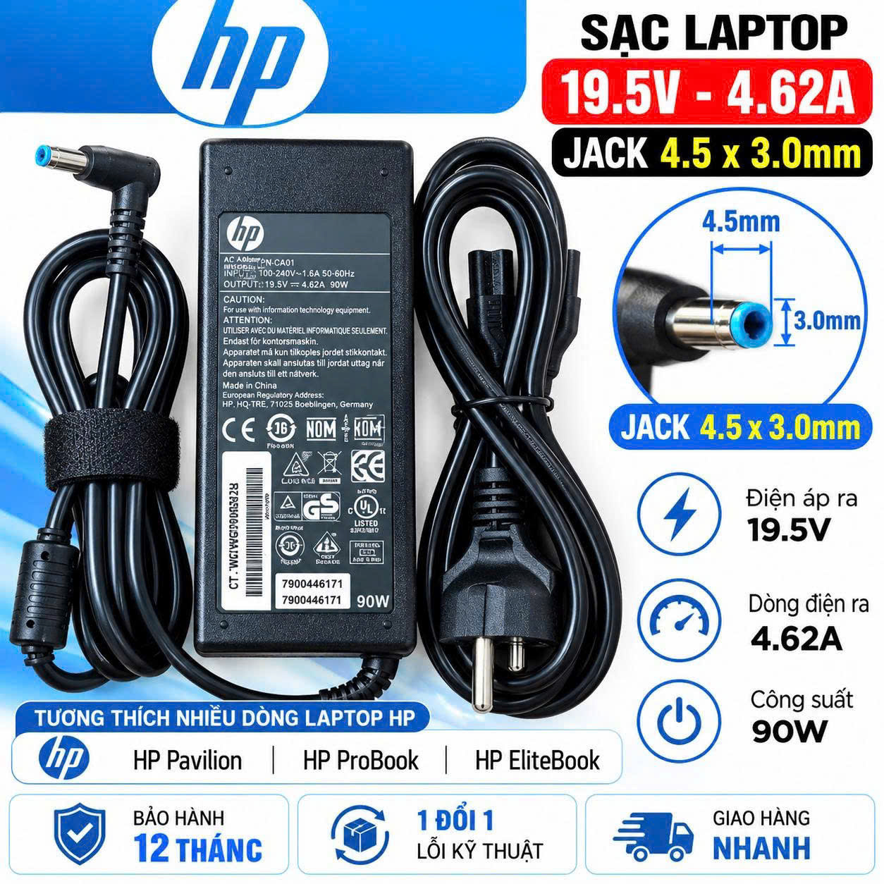 Sạc laptop HP 19.5V/4.62A (4.5*3.0)
