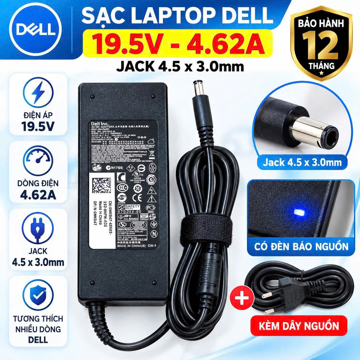 Sạc laptop Dell 19.5V/4.62A (4.5*3.0)