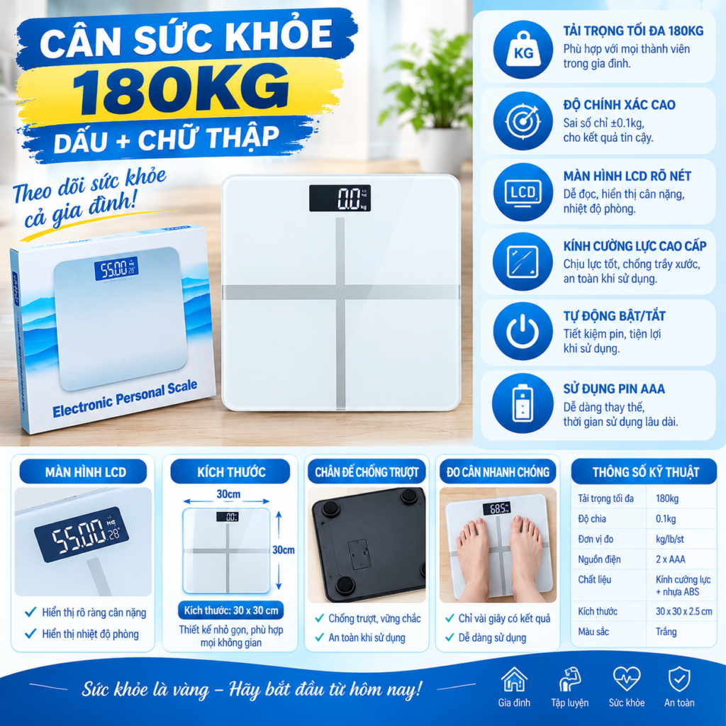 Cân Sức Khỏe 180kg Dấu + Chữ Thập