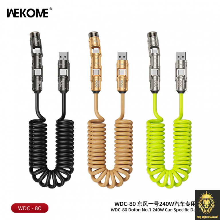 Cáp sạc 4 đầu Wekome 4in1 WDC-80 lò xo + Phá kính, màu inbox, Cáp đa năng công suất lớn, thiết kế lò xo tiện lợi cho ô tô
