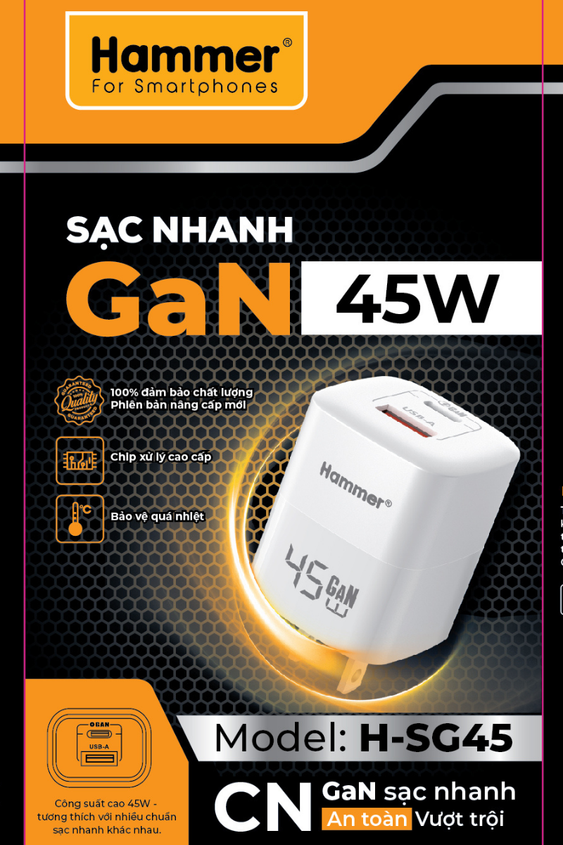 Cốc sạc 2 cổng GAN 45w Hammer H-S-GAN2 1C1A