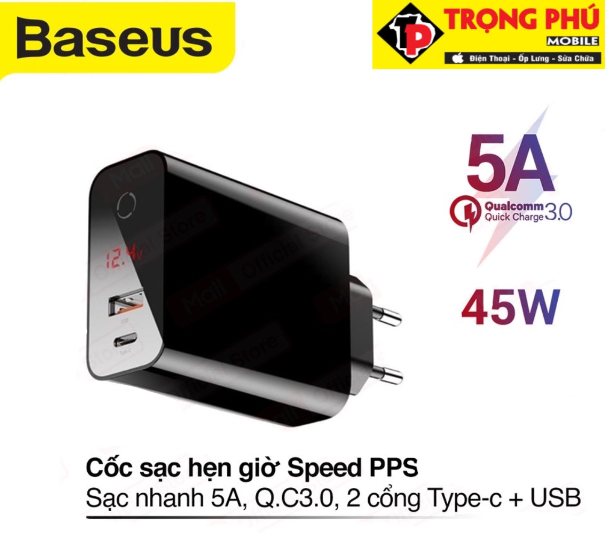 Cốc sạc TypeC Baseus Speed PPS smart shutdown&Digital 45w