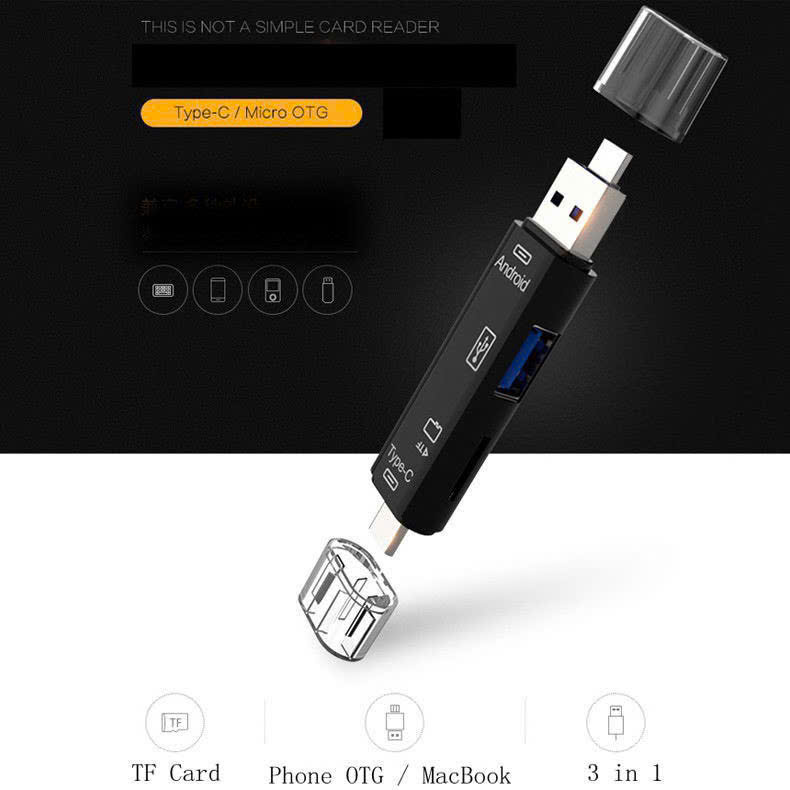 Đầu đọc thẻ nhớ OTG 5in1 2 đầu USB+TypeC ra đọc thẻ lớn, nhỏ, cắm usb
