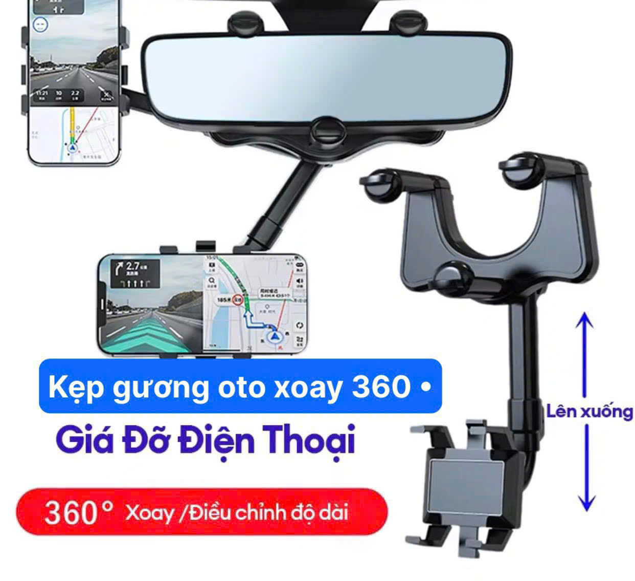 Kệ ô tô đỡ điện thoại gắn gương chiếu hậu, xoay 360