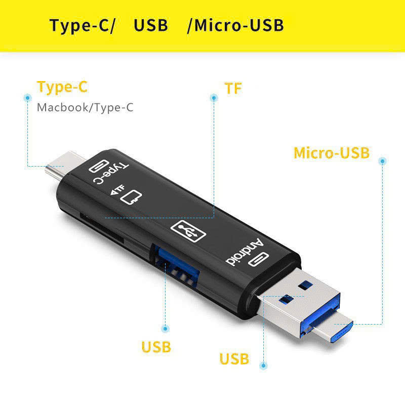 Đầu đọc thẻ nhớ OTG 5in1 2 đầu USB+TypeC ra đọc thẻ lớn, nhỏ, cắm usb