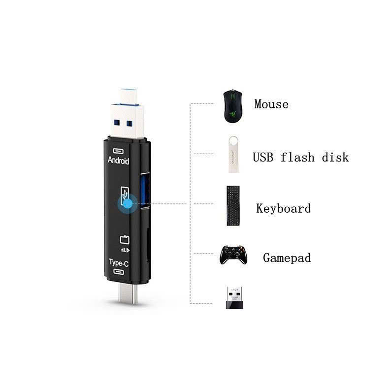 Đầu đọc thẻ nhớ OTG 5in1 2 đầu USB+TypeC ra đọc thẻ lớn, nhỏ, cắm usb