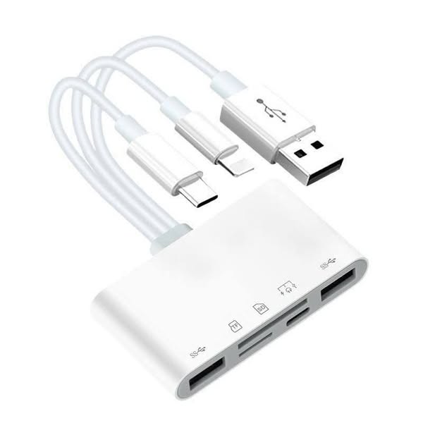 Cáp chuyển đổi T5 OTG 3 đầu ra 5 cổng (USB,TypeC,Ligjting Ra USB,đọc thẻ,cắm Lighting)