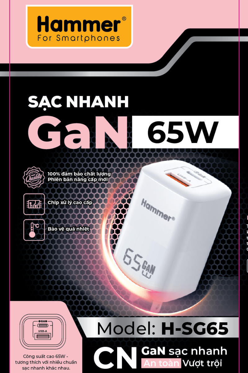 Cốc sạc 2 cổng GAN 65w Hammer H-S-GAN3 1C1A
