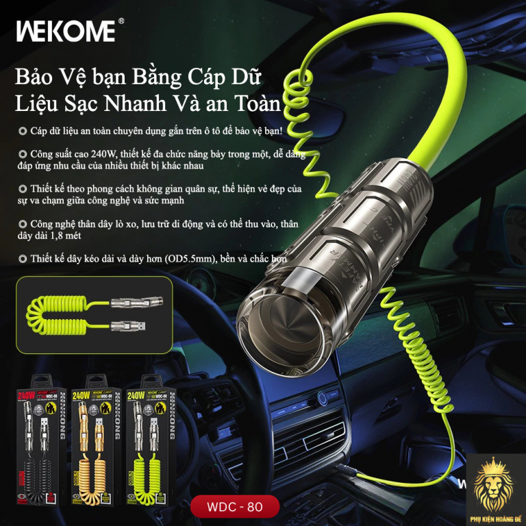 Cáp sạc 4 đầu Wekome 4in1 WDC-80 lò xo + Phá kính, màu inbox, Cáp đa năng công suất lớn, thiết kế lò xo tiện lợi cho ô tô