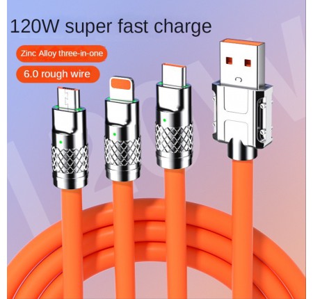 Cáp sạc 3 đầu 120w silicon màu