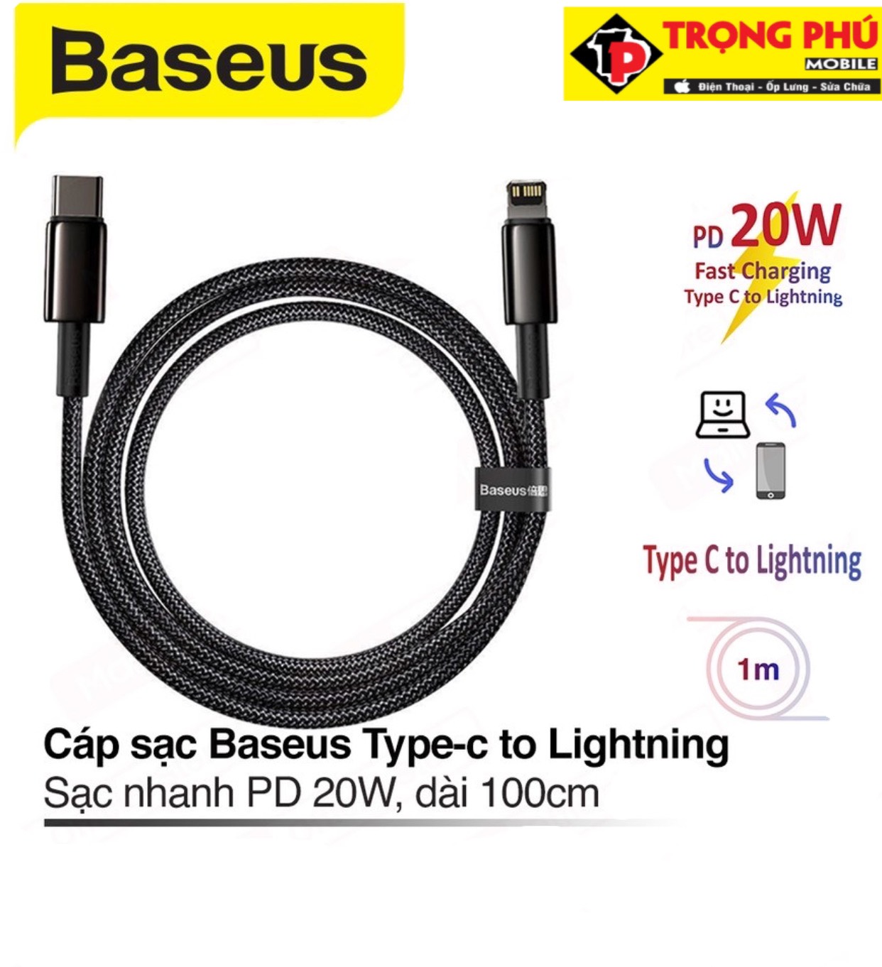 Cáp sạc TypeC-Lighting BaseusTungsten gold 20W