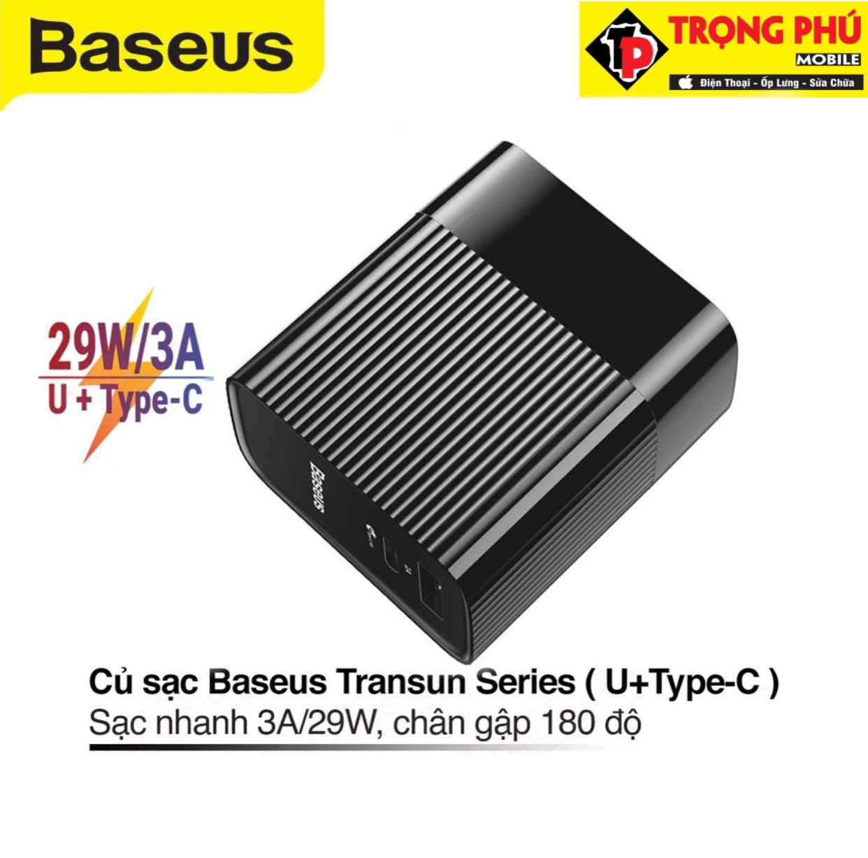 Cốc sạc TypeC Baseus 2 Cổng 30W Transun Chân Gập