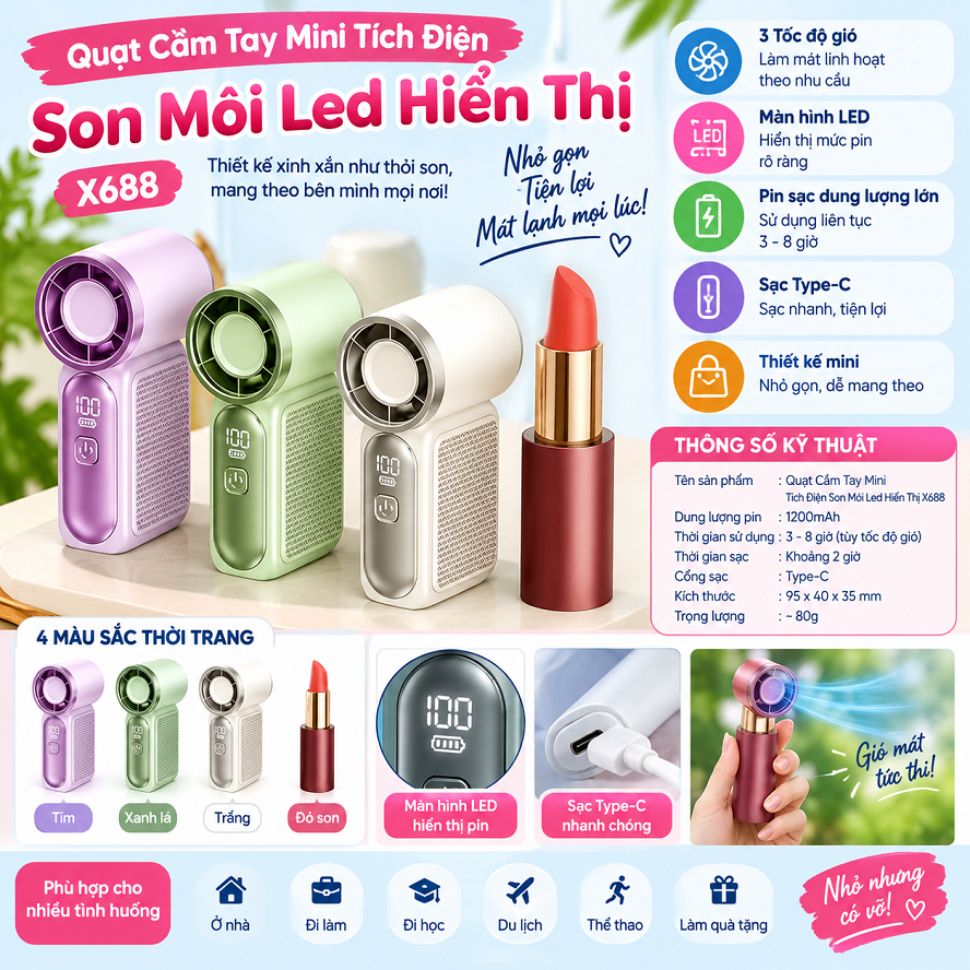 Quạt Cầm Tay Mini Tích Điện Son Môi Led Hiển Thị X688