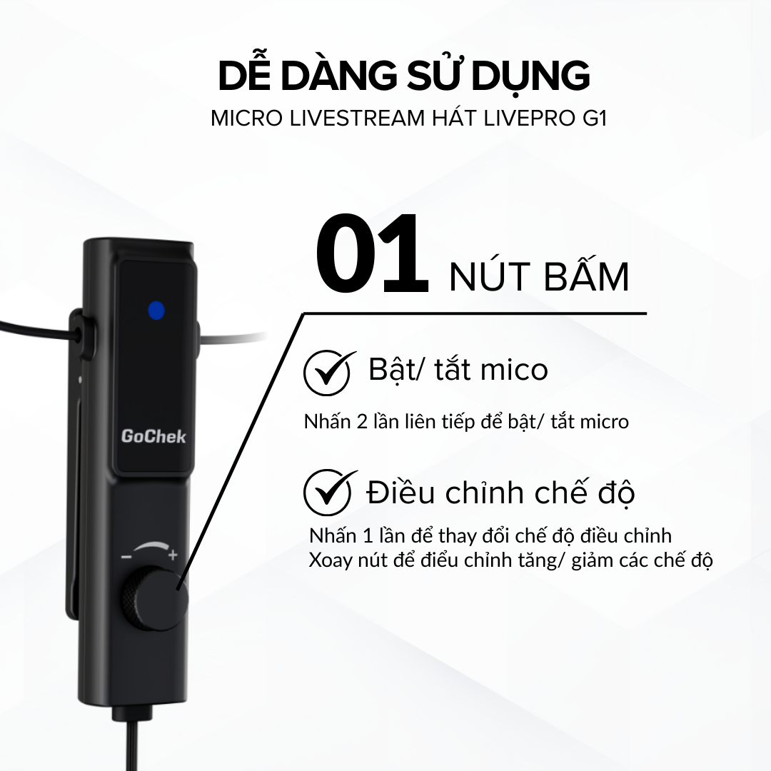 Micro thu âm Gocheck LivePro Sku G1 có dây, 2 đầu typeC + lighting