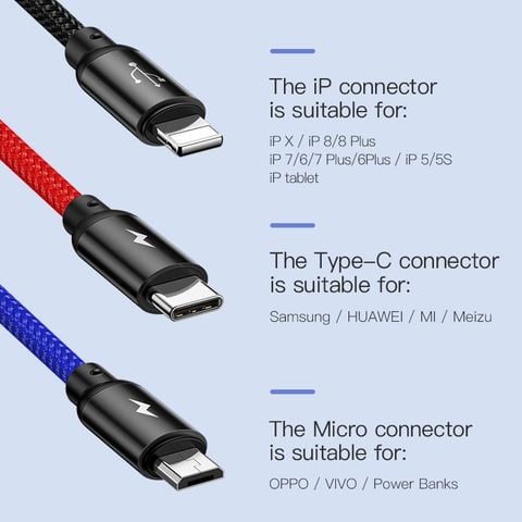 Cáp sạc 3 đầu Baseus Three Primery Color 3in1 Usb-lighting/micro/typeC
