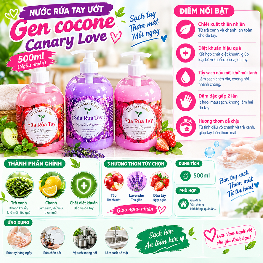 Nước Rửa Tay Ướt Gen cocone ,Canary Love 500ml( ngẫu nhiên)