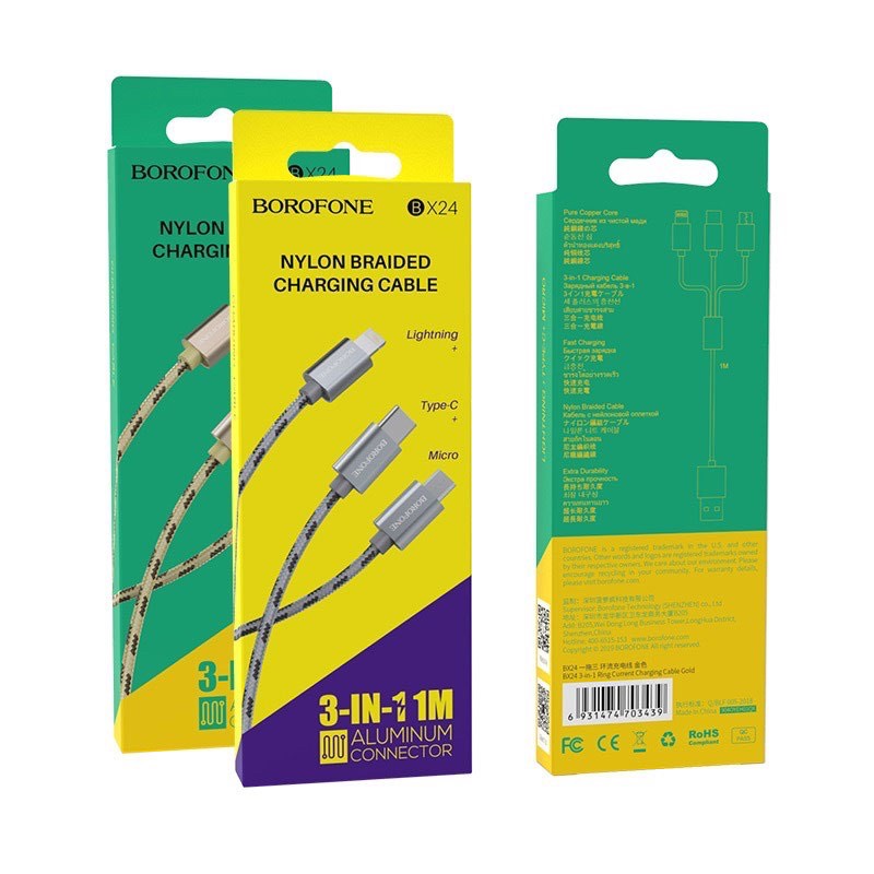 Cáp sạc 3 đầu borofone bx24 chính hãng