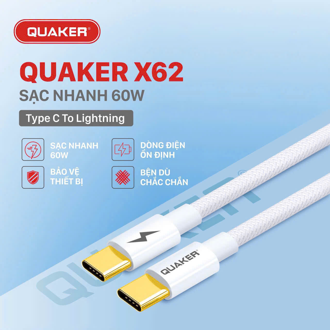Cáp sạc TypeC-TypeC iPhone 15,16 Quaker X62 120 - Dây dù