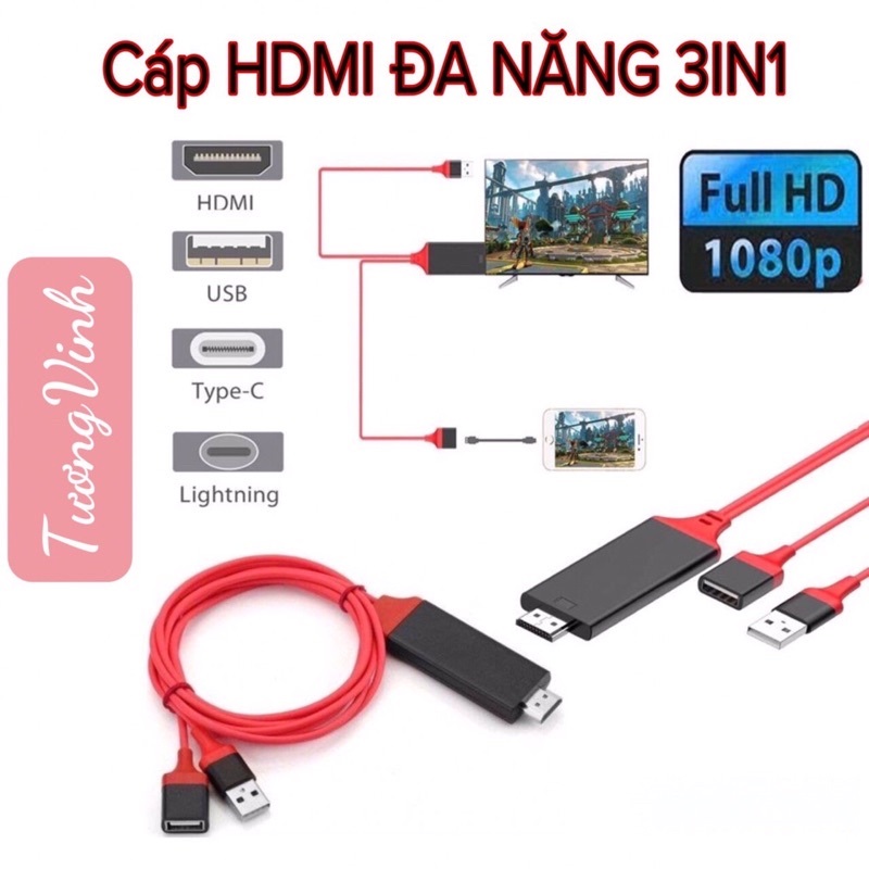 Cáp chuyển HDMI điện thoại lên tivi đa năng cổng usb cắm thêm dây sạc đt vào
