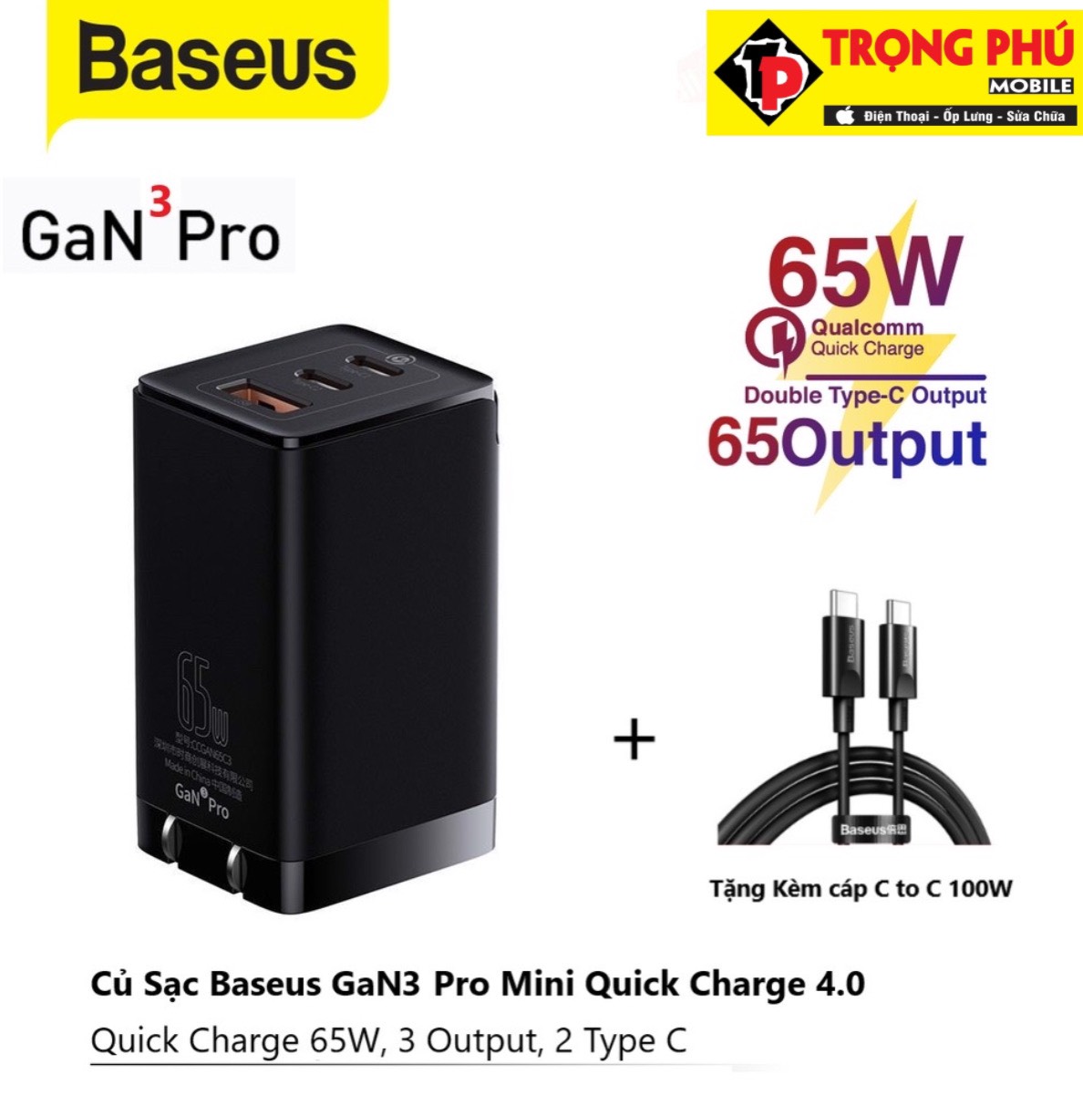 Bộ sạc TypeC-TypeC nhanh Baseus 65W Gan3 pro