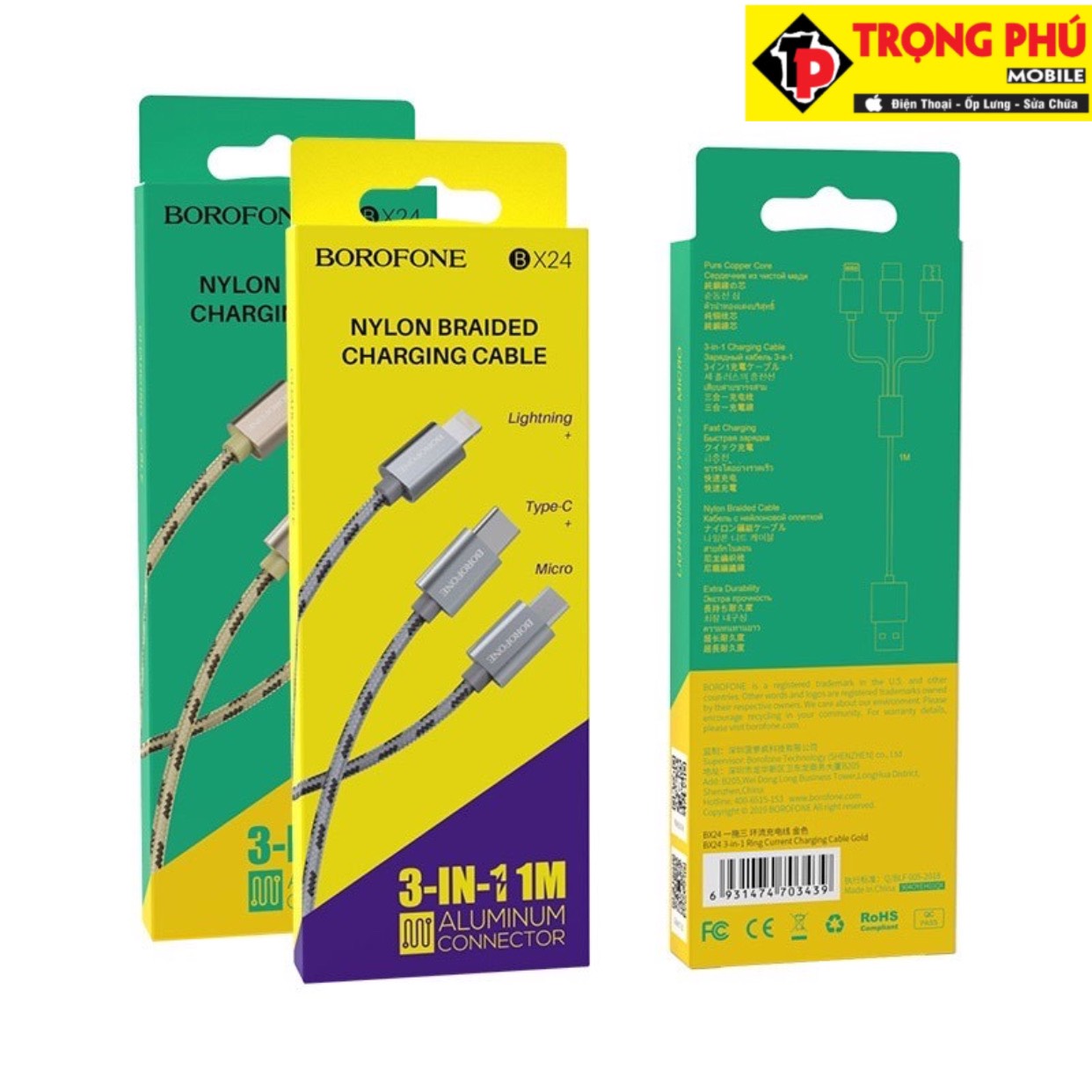 Cáp sạc 3 đầu borofone bx24 chính hãng