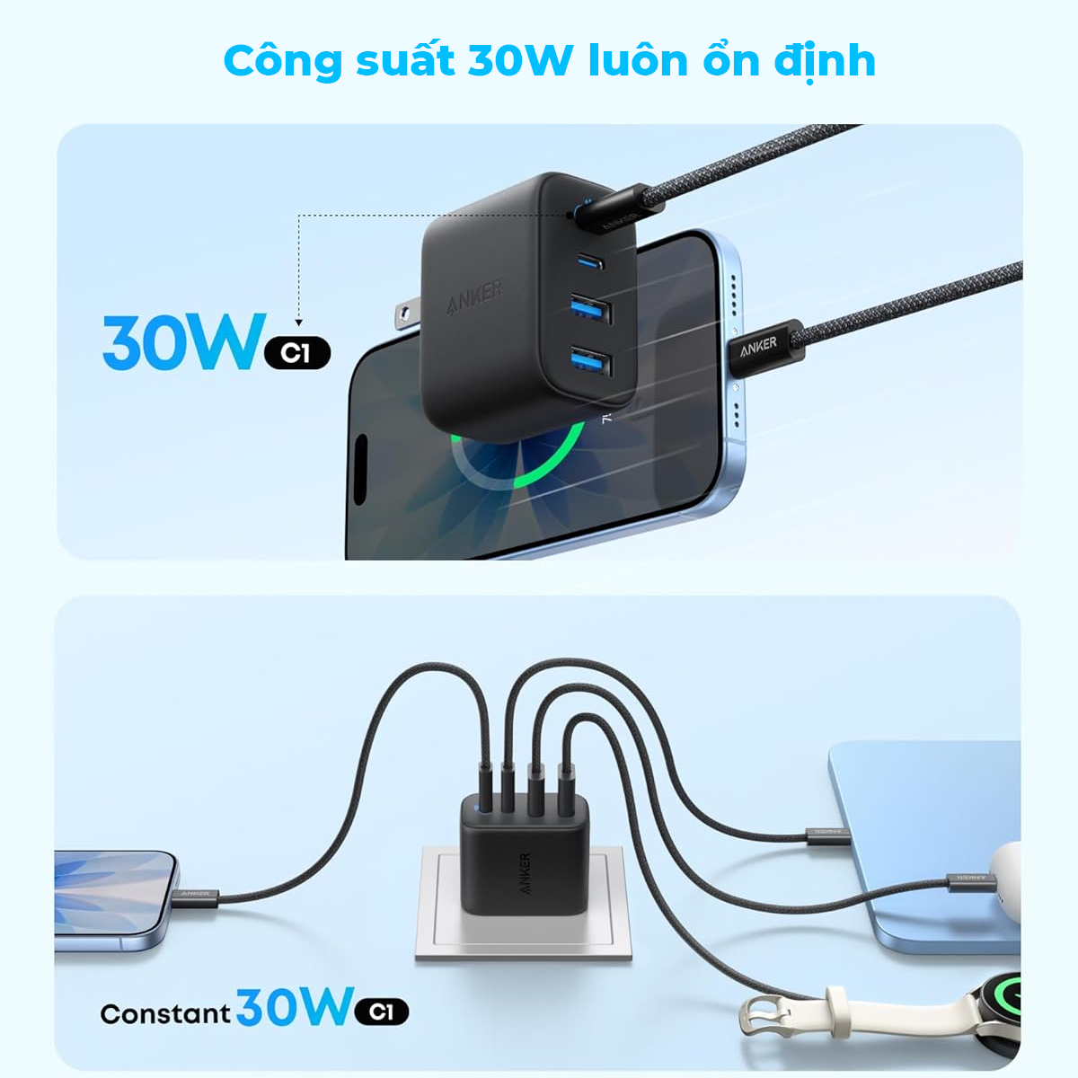 Cốc sạc 4 cổng Anker Zolo 2C2A 50W_A121E