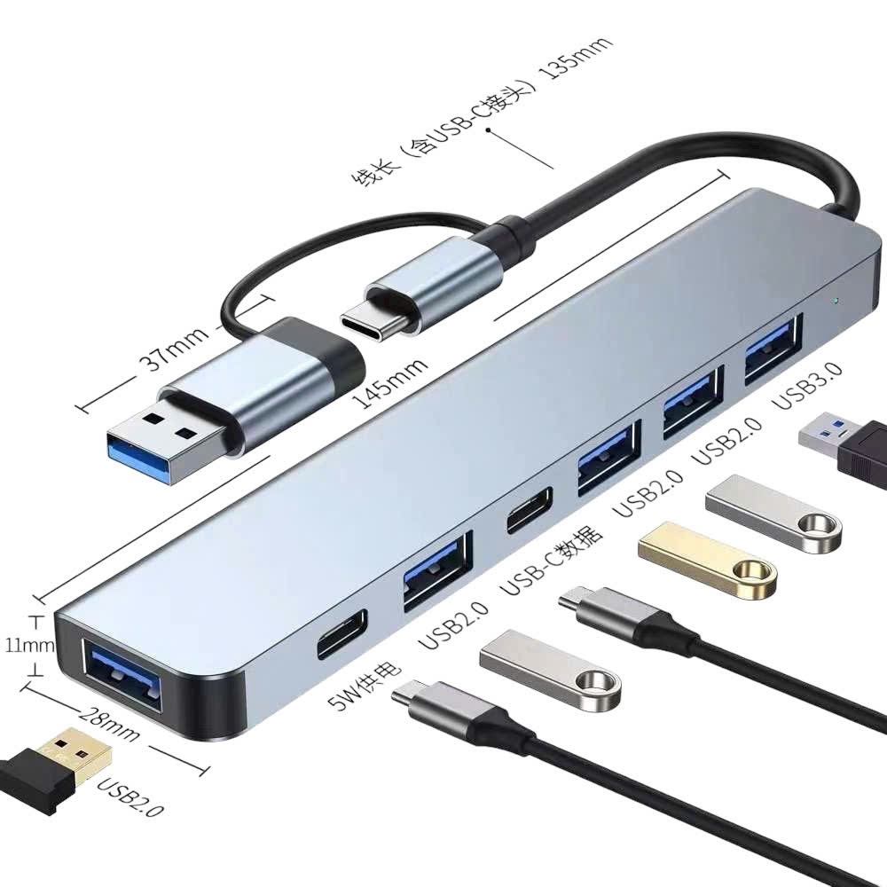 Hub nối 7in1:Typec/USB ra 1cổng USB3.0, 1cổng TYPE-C truyền dữ liệu, 1 cổng TYPE-C cấp nguồn cho HUB, 4 cổng USB 2.0