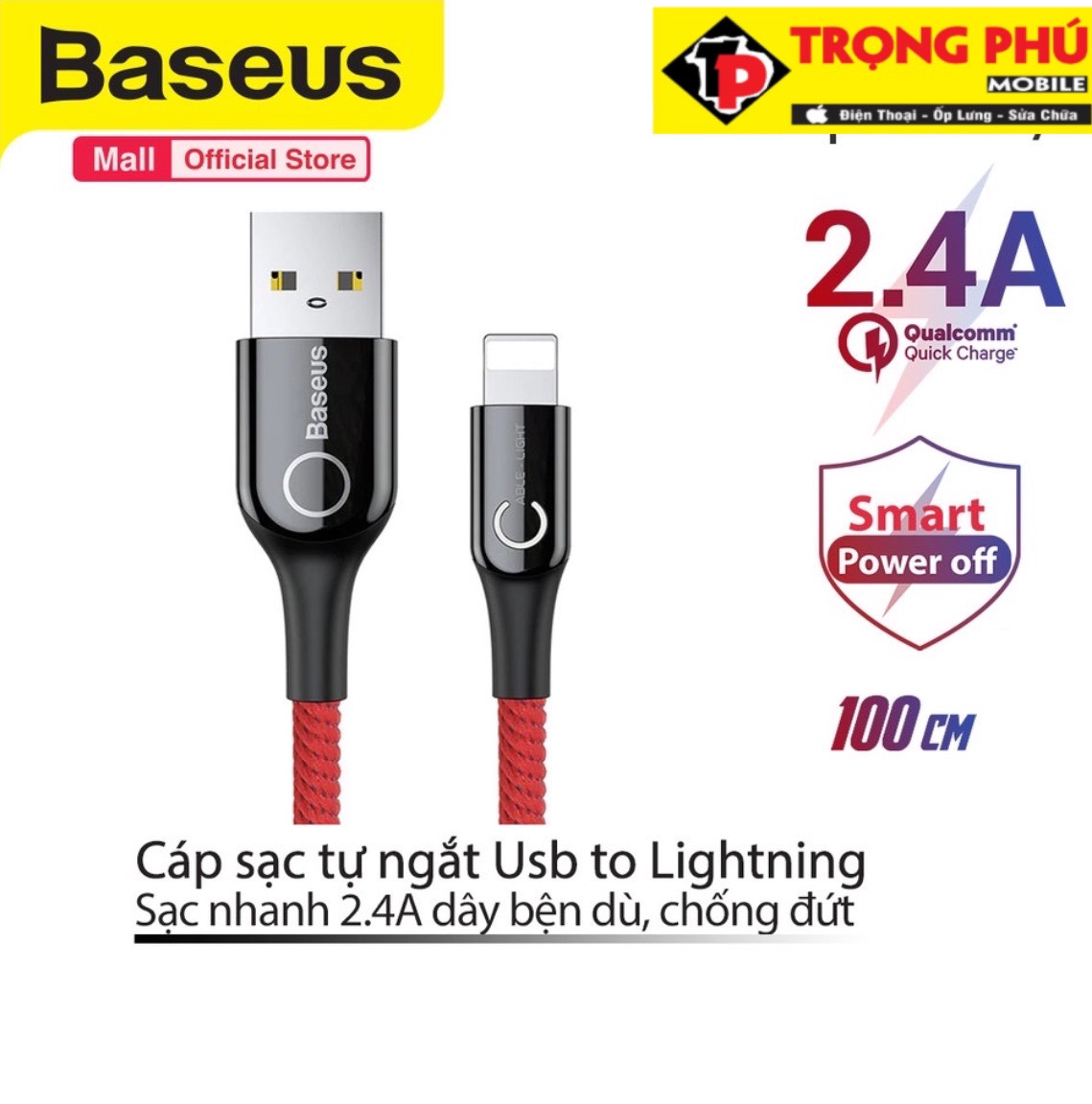 Cáp sạc Usb-Lighting Baseus C-shaped Light tự ngắt Iphone