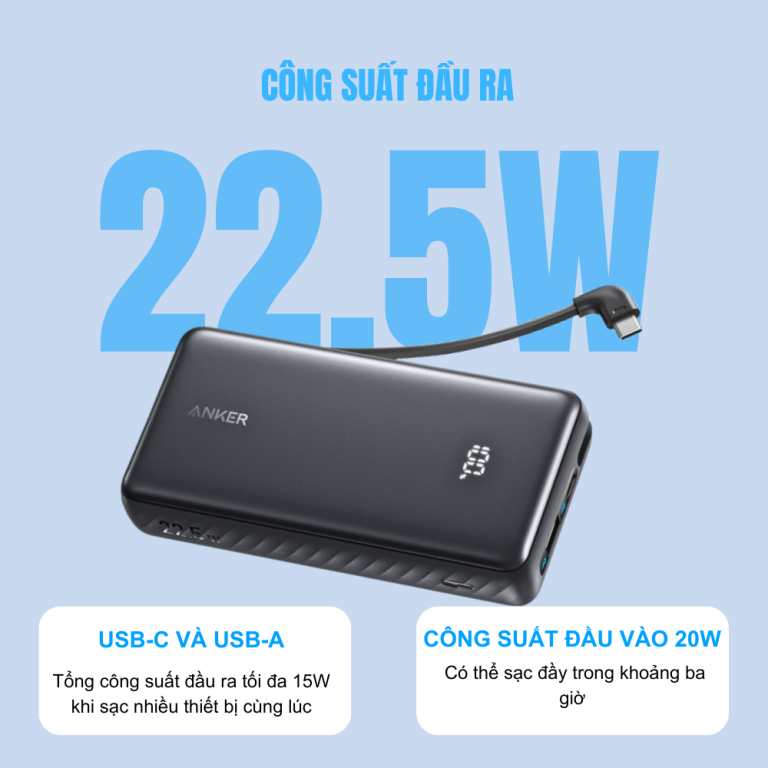 Sạc dự phòng Anker Zolo 2C1A 22.5W 20000mah (Built-In USB-C Cable) A110E
