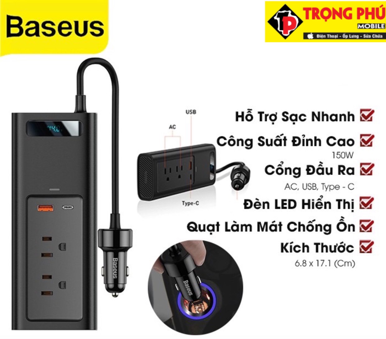 Tẩu Sạc ô tô Baseus In-car Inverter 150W chuyển đổi nguồn 110v, 220V sạc laptop