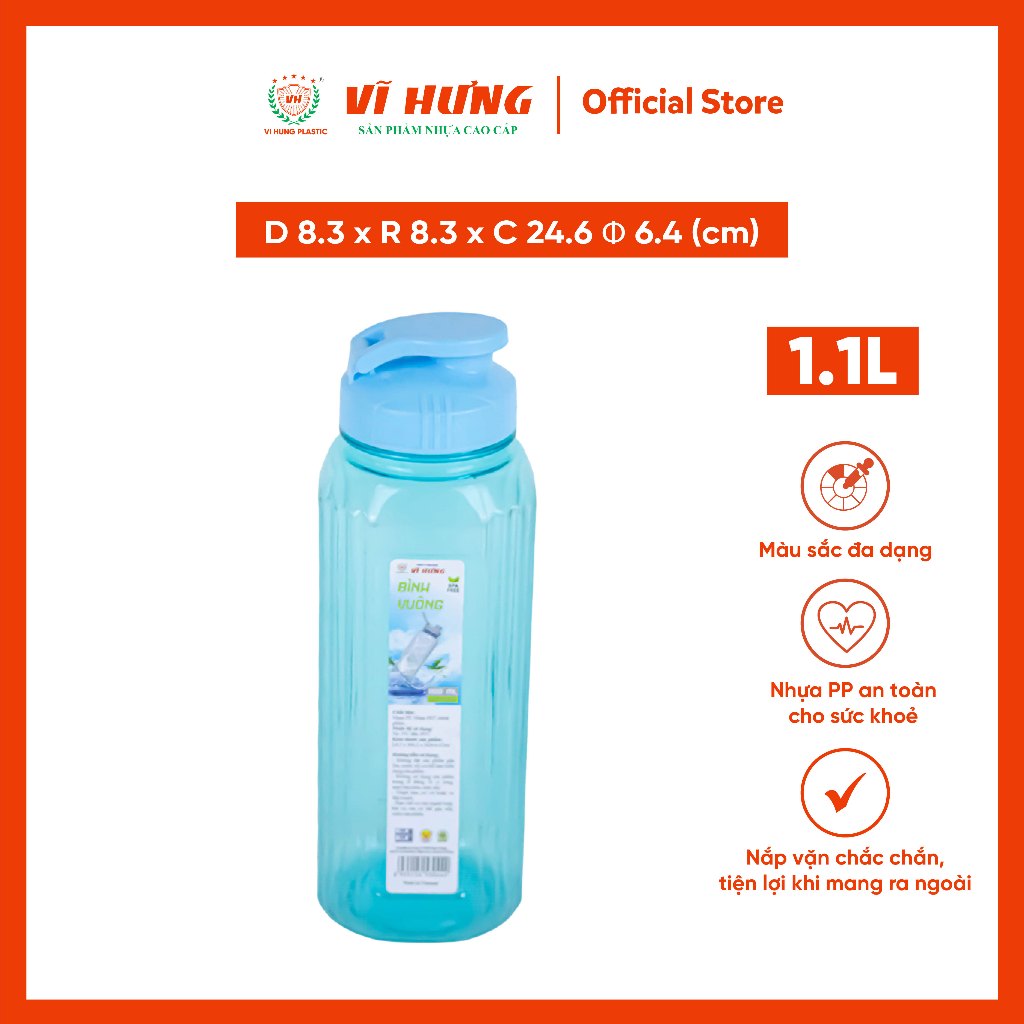 Bình nước nhựa vuông Vĩ Hưng 3044. 1100ml