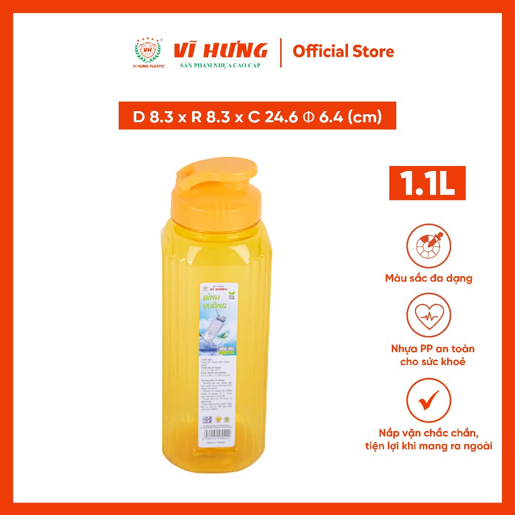 Bình nước nhựa vuông Vĩ Hưng 3044. 1100ml