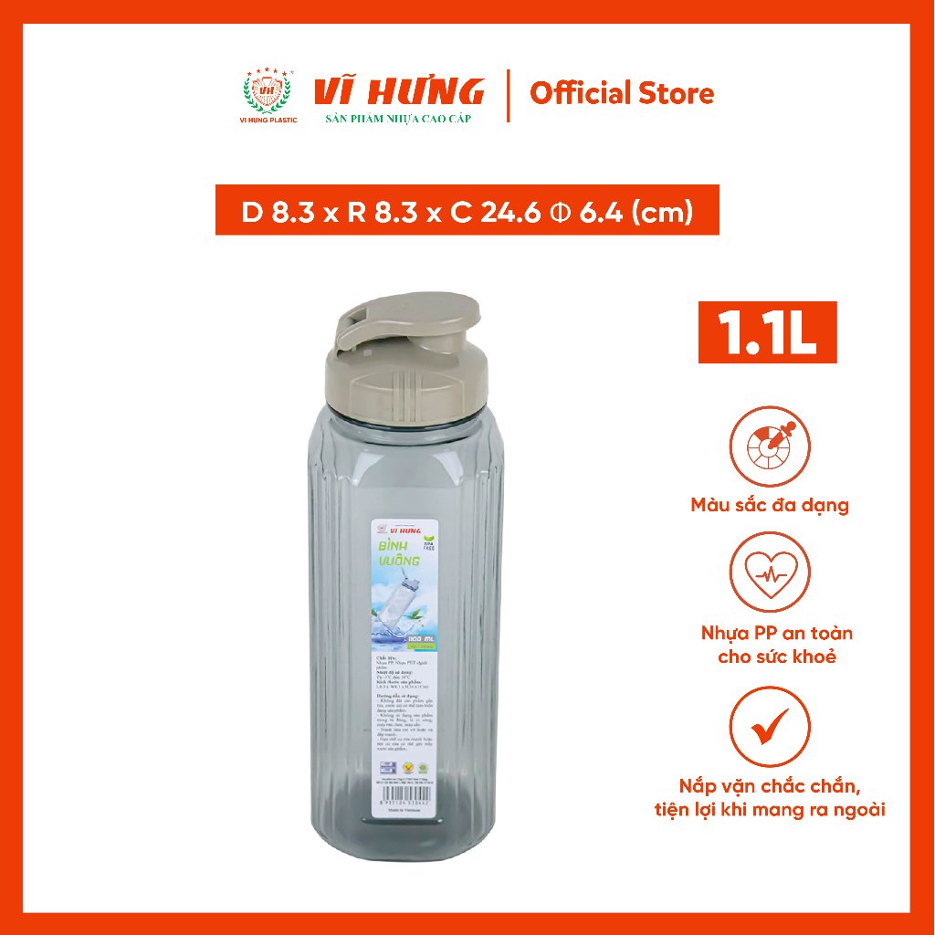 Bình nước nhựa vuông Vĩ Hưng 3044. 1100ml