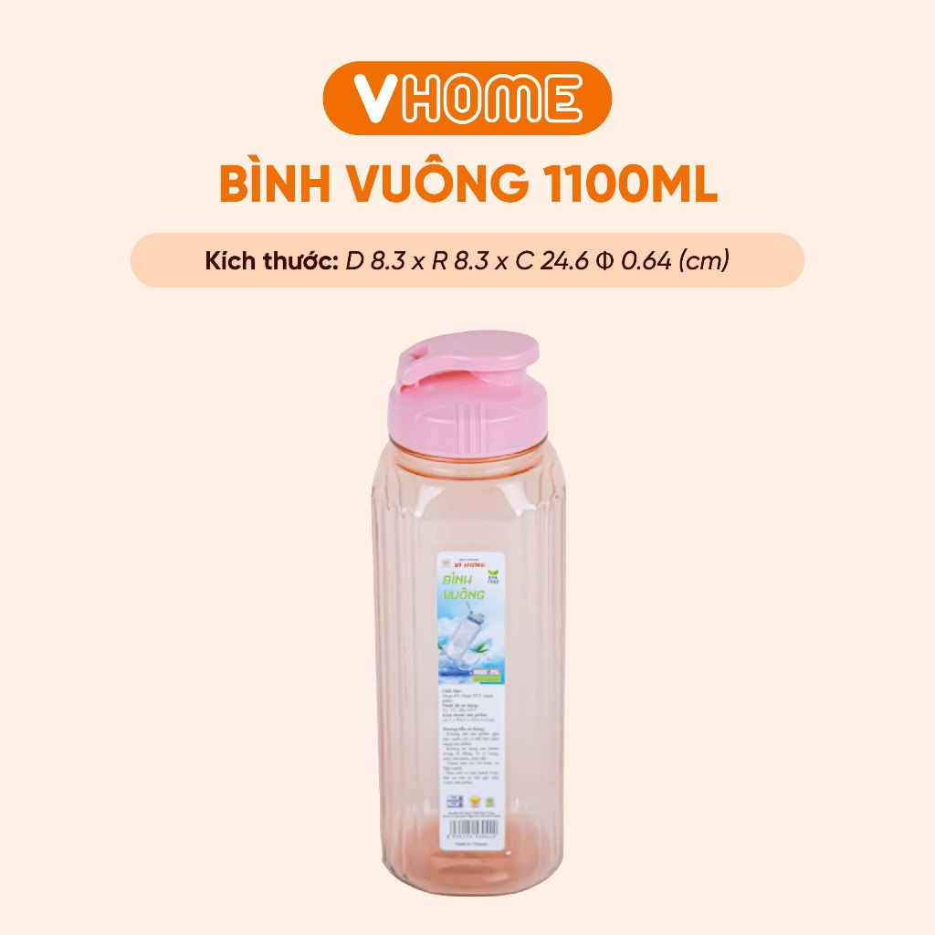 Bình nước nhựa vuông Vĩ Hưng 3044. 1100ml