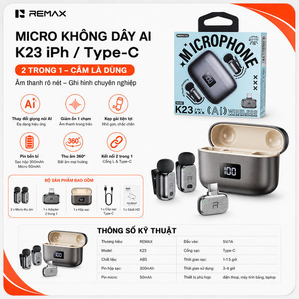 Micro Thu Âm Cài Áo Remax K23 Type-c Đổi Giọng AI. 2 mic