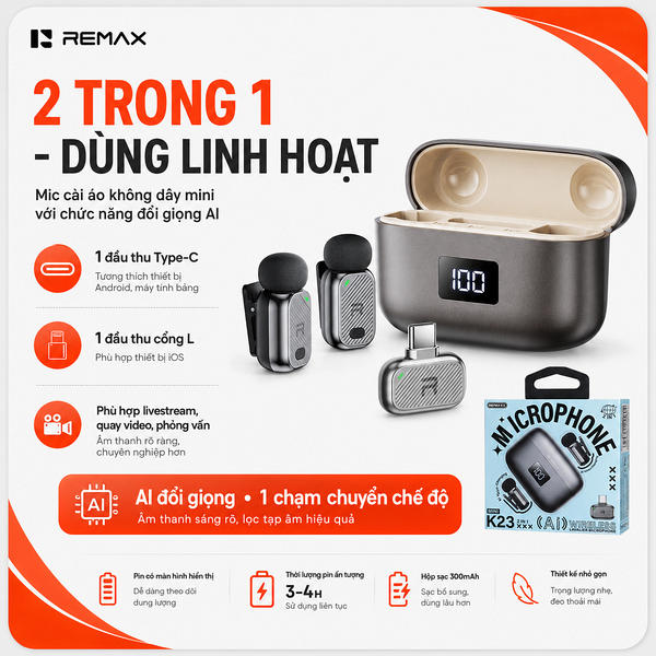 Micro Thu Âm Cài Áo Remax K23 Type-c Đổi Giọng AI. 2 mic