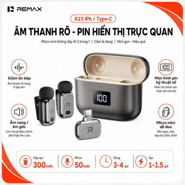 Micro Thu Âm Cài Áo Remax K23 Type-c Đổi Giọng AI. 2 mic