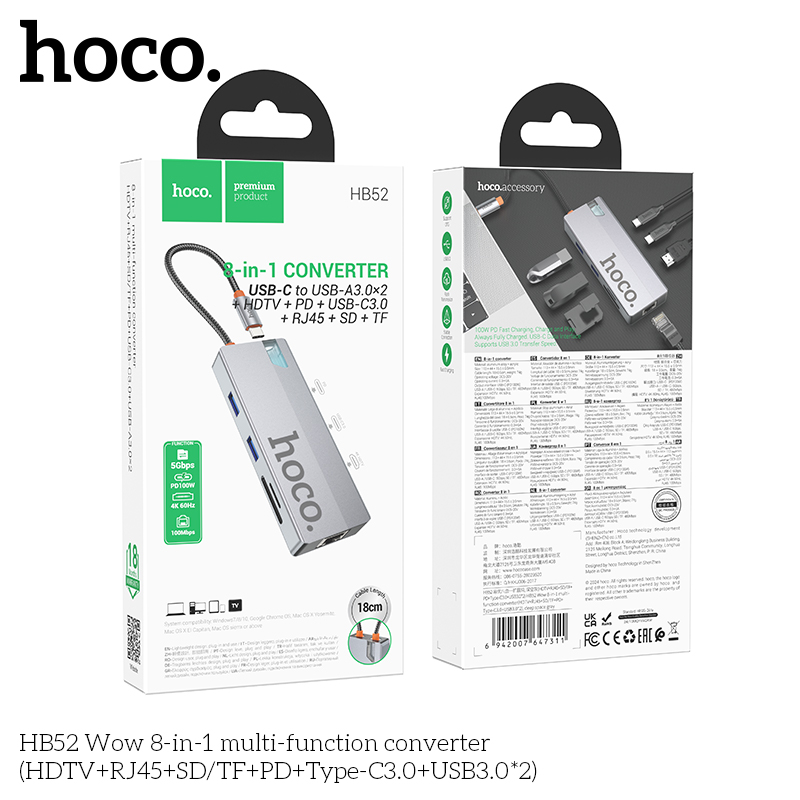 Bộ chuyển đổi 8in1 Hoco HB52 (TypeC to hdmi, RJ45, PD,TypeC 3.0, 2xUSB3.0, SD,TF)