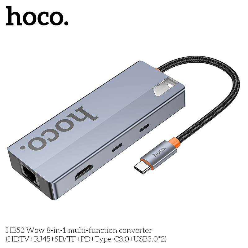 Bộ chuyển đổi 8in1 Hoco HB52 (TypeC to hdmi, RJ45, PD,TypeC 3.0, 2xUSB3.0, SD,TF)