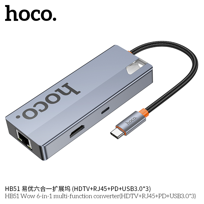 Bộ chuyển đổi 6in1 Hoco HB51 (TypeC to hdmi, RJ45, PD,3xUSB3.0)