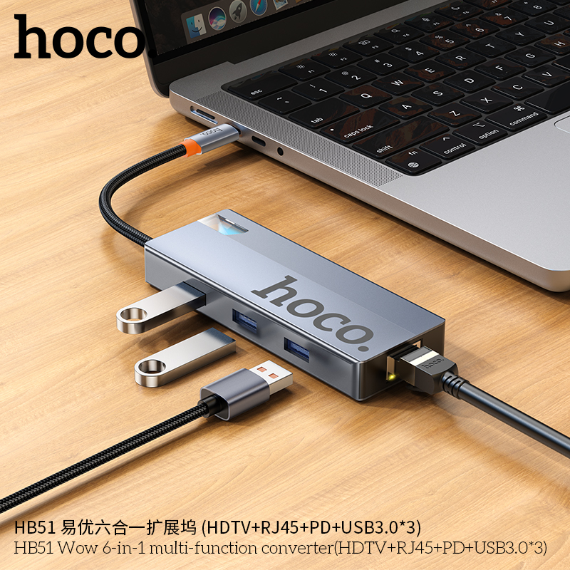 Bộ chuyển đổi 6in1 Hoco HB51 (TypeC to hdmi, RJ45, PD,3xUSB3.0)