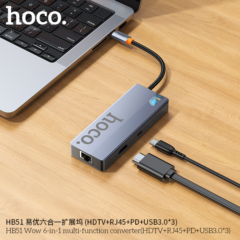 Bộ chuyển đổi 6in1 Hoco HB51 (TypeC to hdmi, RJ45, PD,3xUSB3.0)