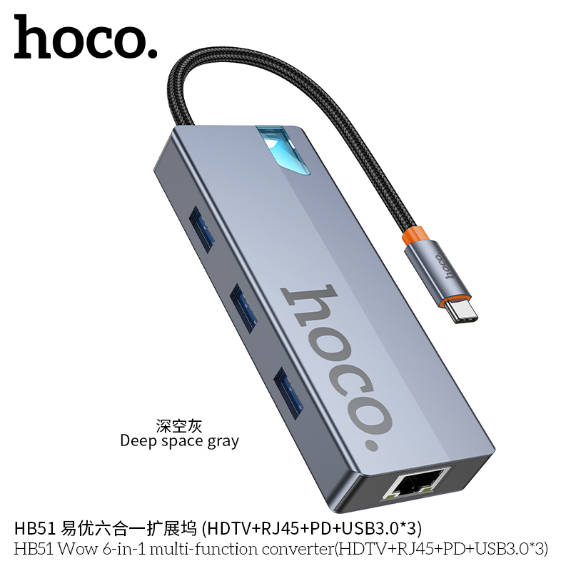 Bộ chuyển đổi 6in1 Hoco HB51 (TypeC to hdmi, RJ45, PD,3xUSB3.0)