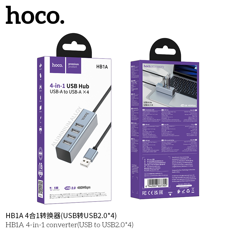 Hub chia 1usb ra 4 cổng usb 2.0 Hoco HB1A mới