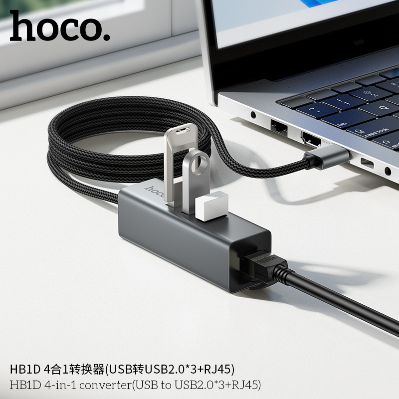 Hub chuyển Hoco HB1D 4in1 Usb ra 3usb 2.0 + RJ45 cắm mạng lan 1m