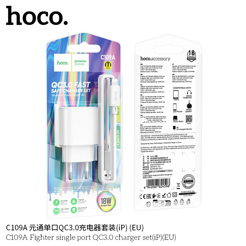 Bộ sạc Usb-Lighting nhanh 18W QC3.0 Hoco C109A