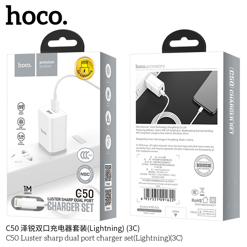 Bộ sạc Usb-Lighting nhanh 2 công HOCO C50