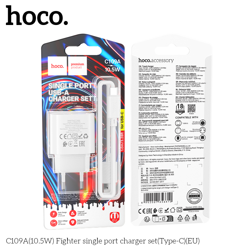 Bộ sạc Usb-TypeC Hoco C109/C109A 10.5w QC3.0